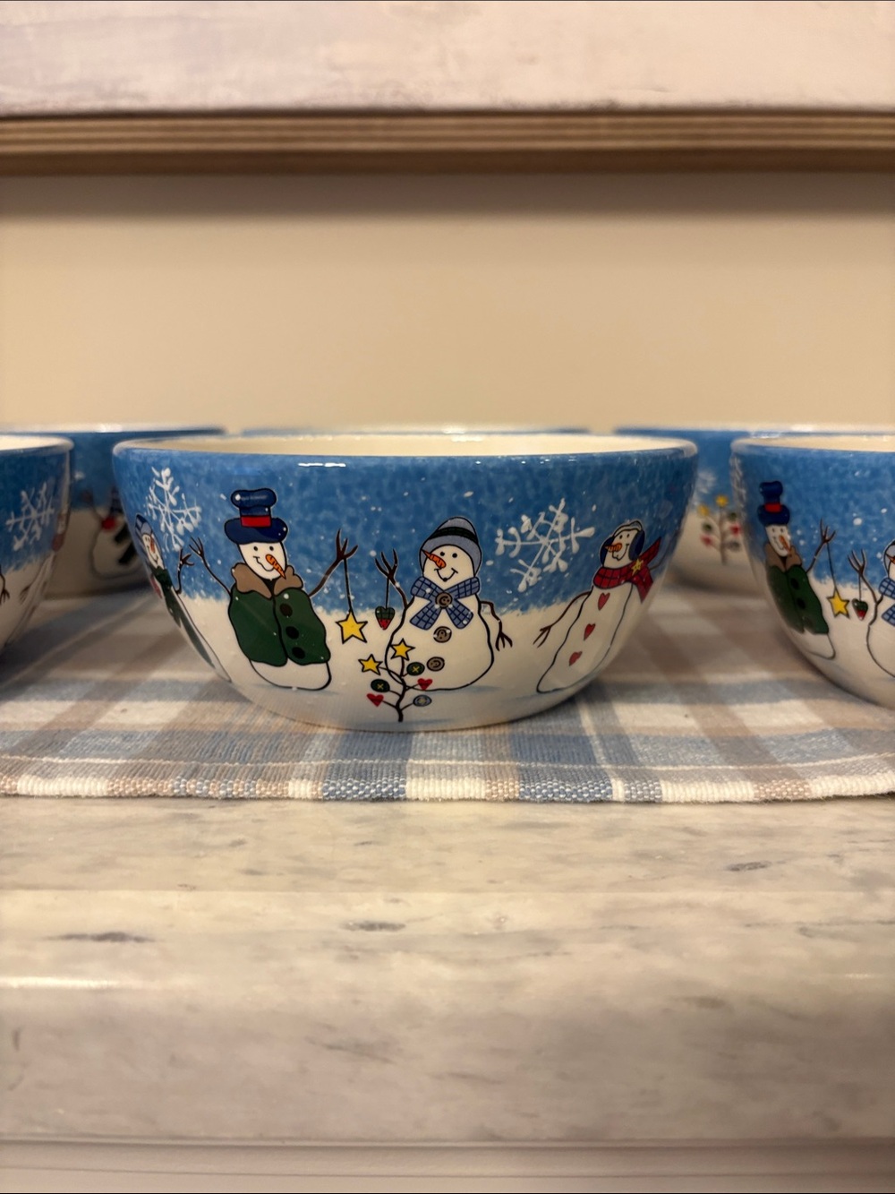 St. Nicholas Square 6 Button Up Blue Snowman Cereal / Soup Bowls Holiday